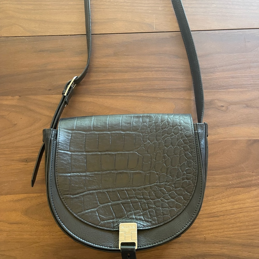 REISS European brand black crossbody leather purse with silver accents